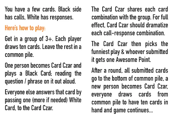 Instructions for playing Cards Against WordPress at PressNomics 5.